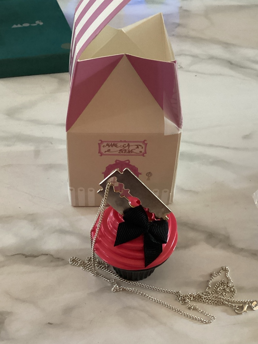 Sweet Revenge Pink Cupcake Pendant Necklace with Black Bow -